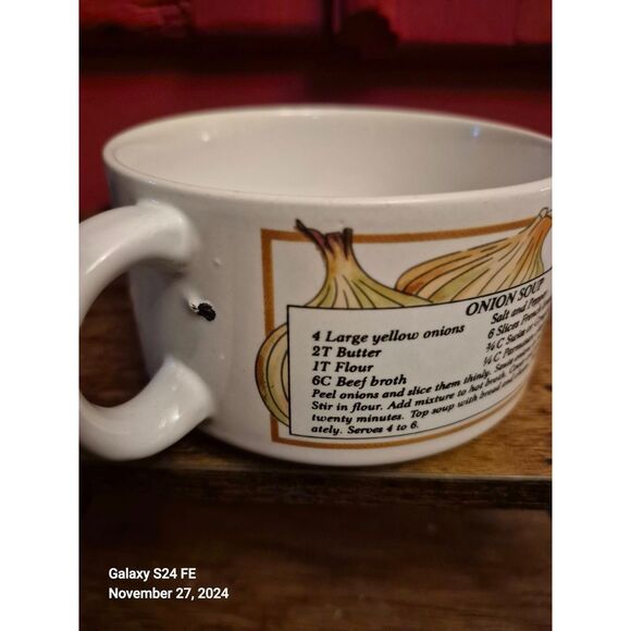 3 Vintage Soup Bowls Cups Mushroom Tomato Onion With Recipe Handles Retro - Picture 6 of 8